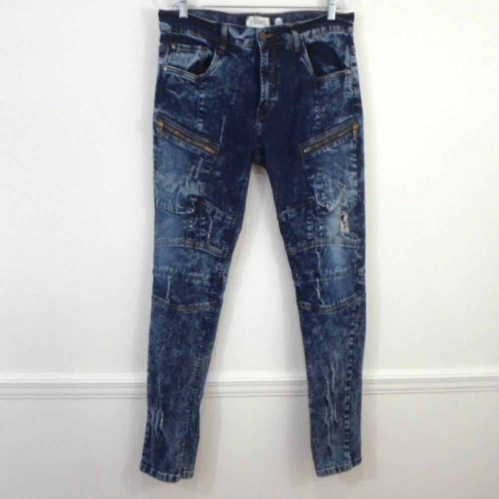 FWRD Mens 33x32 Acid Wash Blue Distressed Skinny Denim Jeans